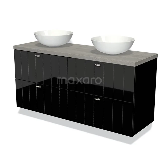 Modulo Plato Vanity units for countertop basin | 140 cm High-gloss black Slat front Grey oak worktop 4 drawers BMK18-00756 Black lacquered bathroom furniture set with double countertop wash basins and concrete-look worktop, modern design and spacious storage drawers.