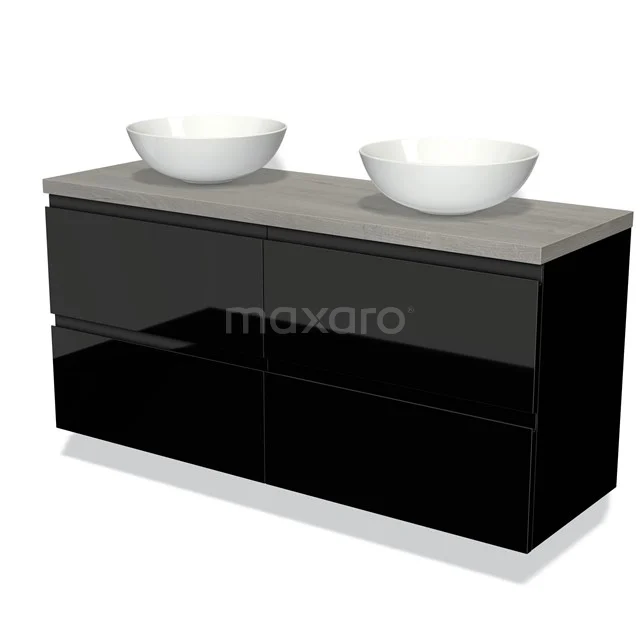 Zwart glanzend badkamermeubel met dubbele waskommen en een betonlook blad, ideaal voor een moderne badkamer inrichting.