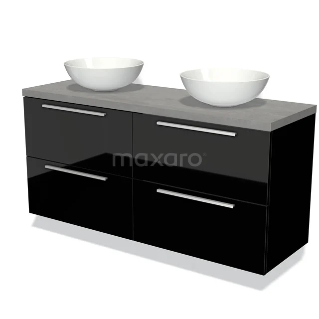 Zwarte dubbele wastafelmeubel met glanzende afwerking, witte waskommen, grijs blad; ideaal voor moderne badkamers.