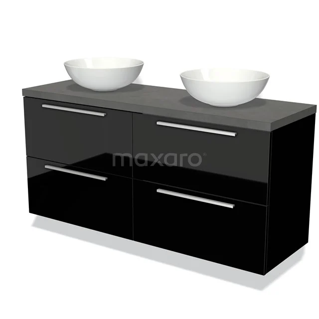 Zwarte glanzende badkamerkast met dubbele waskommen, vier lades en een grijze bovenblad, ideaal voor moderne badkamers.