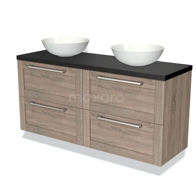 Houten badkamermeubel met zwarte wastafelblad en dubbele witte waskommen, modern design met vier opberglades.