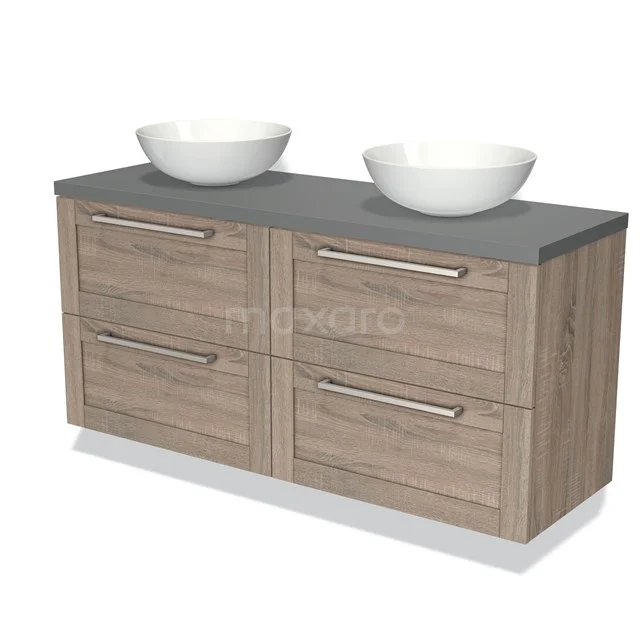 Houten badkamermeubel met dubbele wastafel, grijze stenen blad en moderne opberglades, ideaal voor een stijlvolle badkamer.