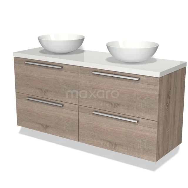 Houten badkamermeubel met dubbele waskom, modern ontwerp, details in eikenlook en metalen handgrepen.