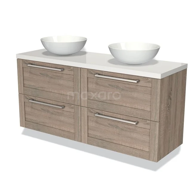 Wooden bathroom unit with double countertop wash basins and white top, featuring four drawers with metal handles.