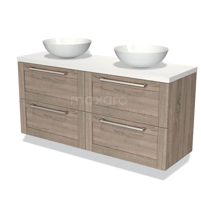Houten badkamermeubel met dubbele waskommen, licht eikenlook en moderne zilverkleurige grepen, perfect voor elke badkamer.