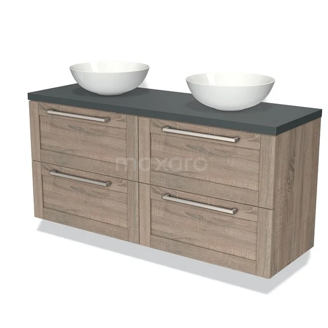Houten badkamermeubel met dubbele witte opzetwastafels en natuurstenen blad, ideaal voor moderne badkamers.