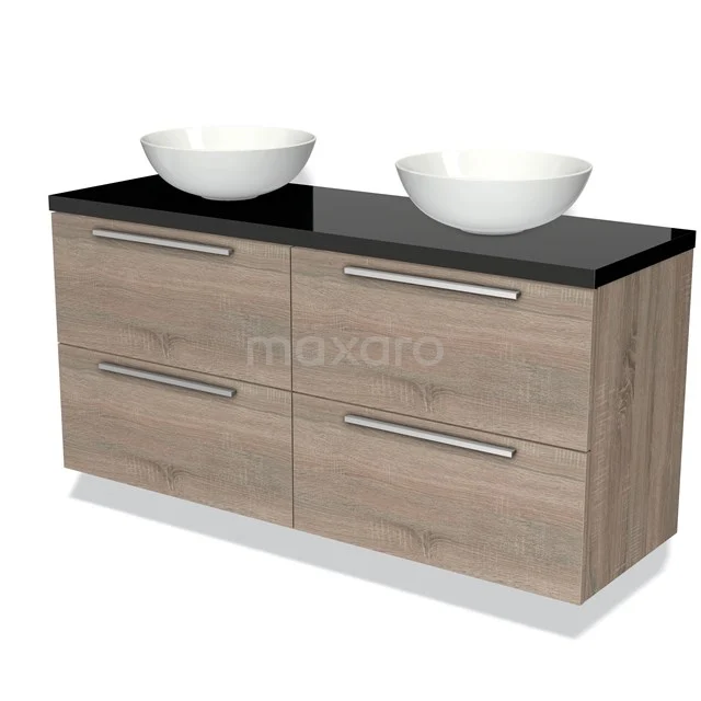 Houten badkamermeubel met dubbele waskom, zwart blad, en metalen grepen, modern ontwerp, ideaal voor een stijlvolle badkamer.