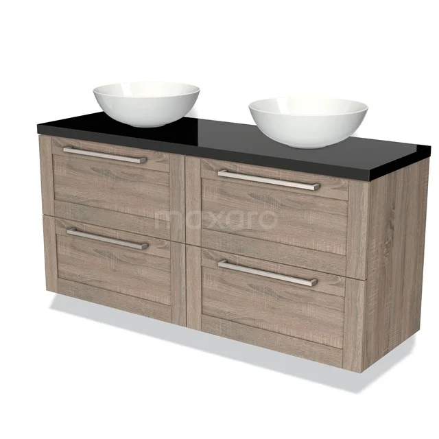 Wooden bathroom unit with black stone worktop and double white vanity units for countertop wash basins, modern design for stylish bathrooms.