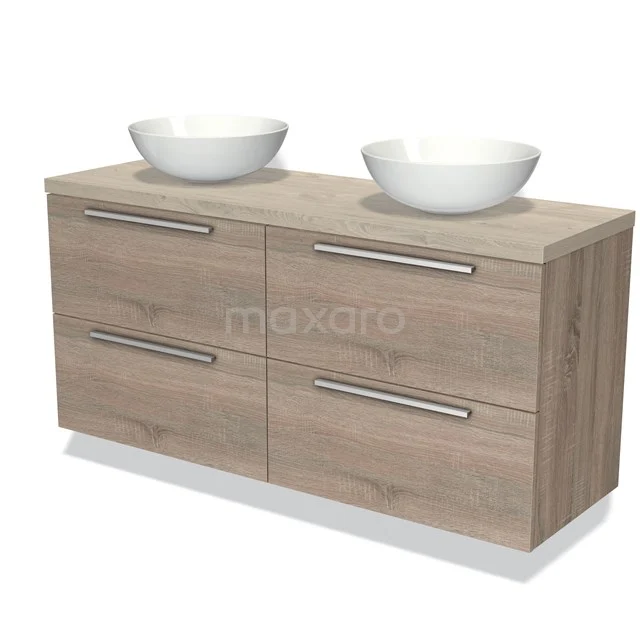 Houten badkamermeubel met dubbele wastafel, naturel eiken look, vier lades en moderne metalen grepen.
