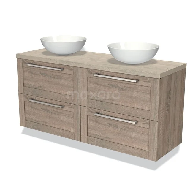 Houten badkamermeubel met twee witte komvormige wasbakken, vier lades en metalen handgrepen, perfect voor een stijlvolle badkamer.