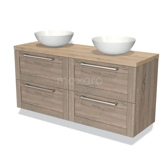 Holz Badezimmermöbel mit doppelten Aufsatzwaschbecken, natürliche Eiche Optik, modernes Design mit vier Schubladen und schlichten Haltegriffen.