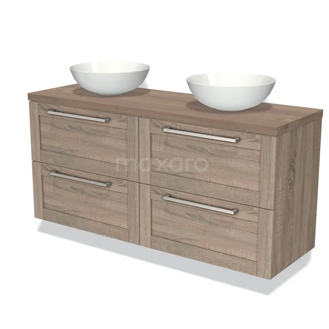 Houten badkamermeubel met dubbele wastafel, modern design en vier ruime lades, perfect voor een stijlvolle badkamer.
