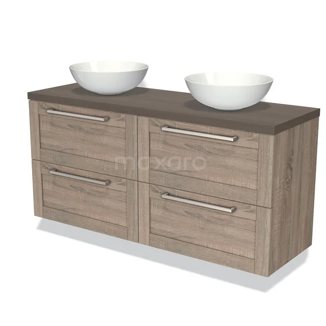 Modulo Plato Vanity units for countertop basin | 140 cm Oak Bordered front Dark brown oak worktop 4 drawers BMK18-00783 Wooden bathroom unit with double countertop wash basins, modern design, soft-close drawers and a dark grey natural stone worktop.