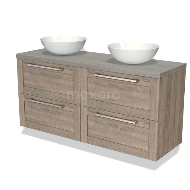 Wooden bathroom unit with double basin, modern grey top, four drawers and stylish metal handles.
