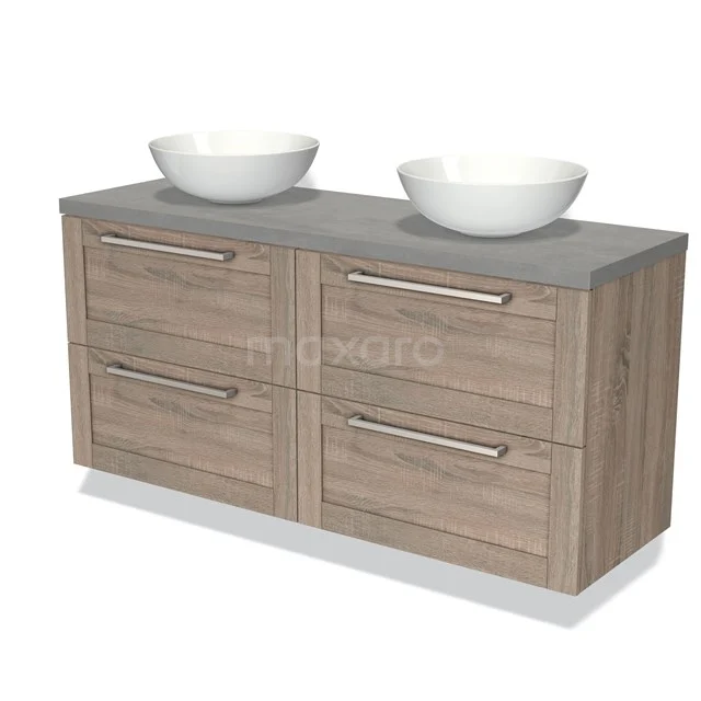 Houten badkamermeubel met dubbele grijze stenen wastafel, vier lades en metalen grepen, geschikt voor moderne badkamers.