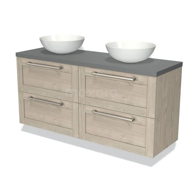 Houten badkamermeubel met dubbele wasbak, grijs blad en vier lades, perfect voor moderne en praktische badkameropslag.