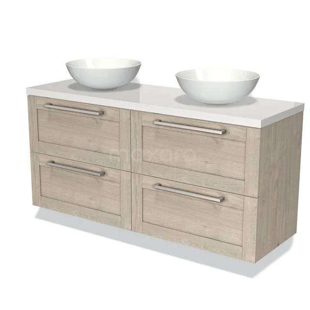 Wooden bathroom unit with double drawers, light Oak design, four drawers with metal handles, ideal for modern bathrooms.