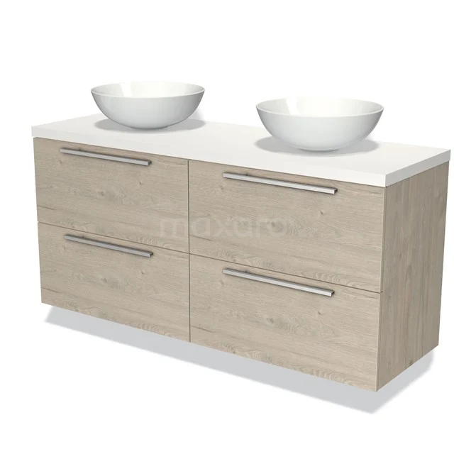 Houten badkamermeubel met dubbele wastafel, witte keramische kommen en vier lades, modern ontworpen voor badkameropslag.