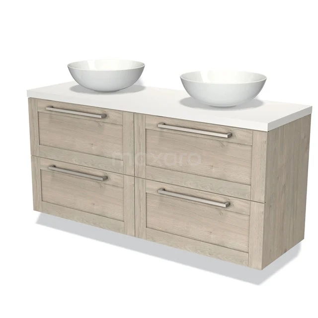 Oak bathroom unit with double white vanity units for countertop wash basins, four drawers and modern handles, perfect for a stylish bathroom.