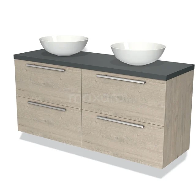 Houten badkamermeubel met twee witte waskommen, vier lades en een donkergrijze blad, moderne stijl.