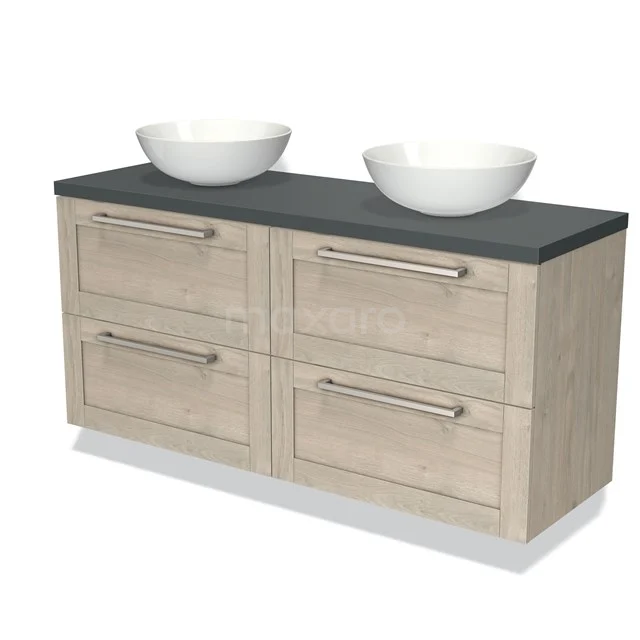 Houten badkamermeubel met grijze stenen wastafelblad en twee witte waskommen, eigentijds design en ruime opberglades.