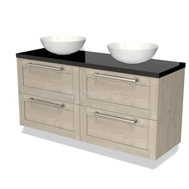 Houten badkamermeubel met zwart blad en twee ronde waskommen, modern design met vier ruime lades.