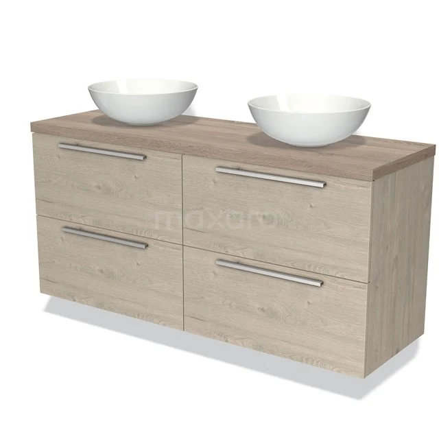 Houten badkamermeubel met dubbele waskommen, beige eiken look, moderne lades met metalen handgrepen.