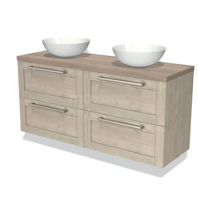 Houten badkamermeubel met dubbel wastafelblad, witte opbouwkommen en vier lades, Scandinavisch design.