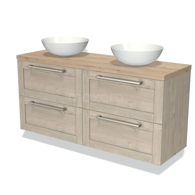 Holz Badezimmermöbel mit Doppelwaschbecken, heller Eiche Oberflächenbehandlung, vier Schubladen und Stahl Haltegriffe, modernes und stilvolles Design.
