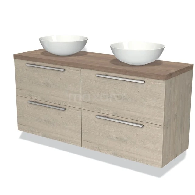 Houten badkamermeubel met dubbele wastafelkom, licht eiken afwerking, moderne vormgeving en vier lades voor extra opbergruimte.