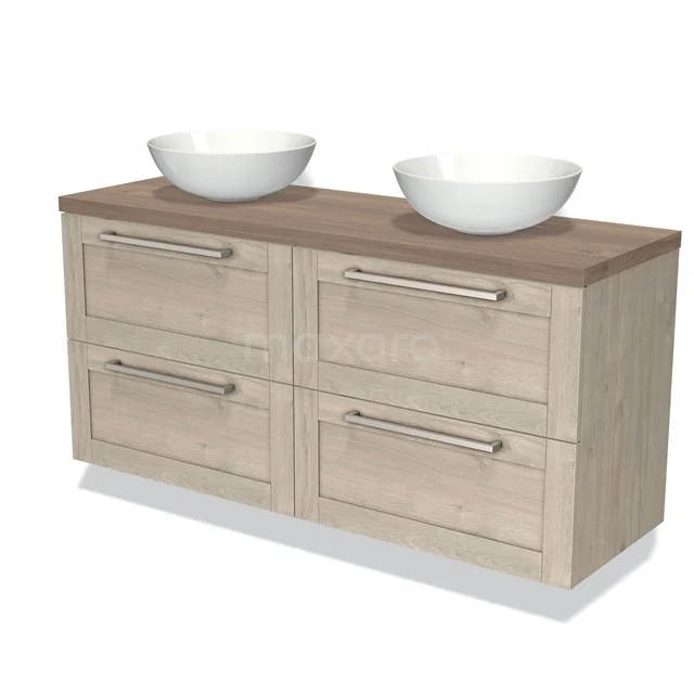 Houten badkamermeubel met dubbele waskommen, lichte eikenkleur, vier laden en een stijlvol design voor moderne badkamers.