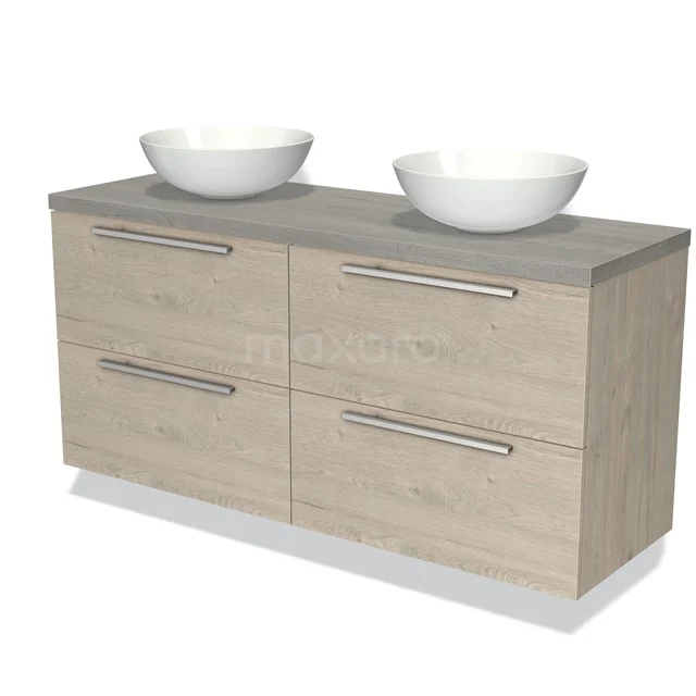 Badkamermeubel houtlook met grijze wastafel en dubbele ronde witte waskom, modern design, vier lades met metalen grepen.