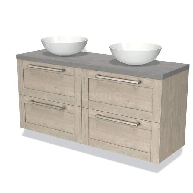 Houten badkamermeubel met vier laden, grijs blad en twee witte waskommen, ideaal voor moderne badkamerinrichting.