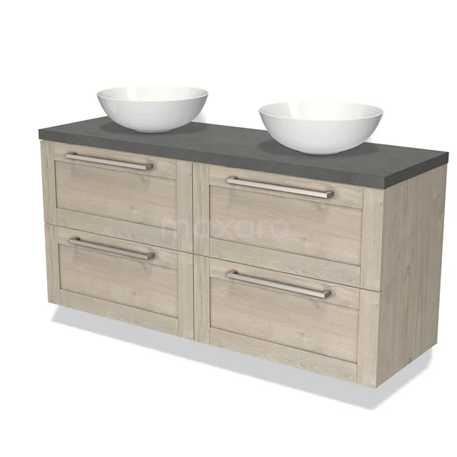 Oak bathroom unit with double countertop wash basin and dark worktop, ideal as an elegant and practical bathroom unit.