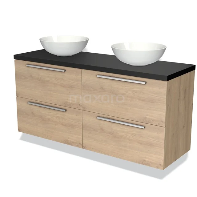 Hölzernes Badezimmermöbel mit doppeltem schwarzen Waschbecken und weißen Aufsatzwaschbecken, moderne Ausstrahlung und stilvolle Verarbeitung.
