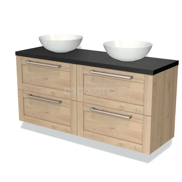 Houten badkamermeubel met dubbele wastafel, zwarte bovenblad, vier lades en moderne handgrepen, ideaal voor badkameropslag.