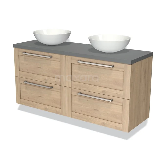 Holz-Badmöbel mit grauer Platte, doppelten Aufsatzwaschbecken und vier Schubladen; modernes Design für ein stilvolles Badezimmer.
