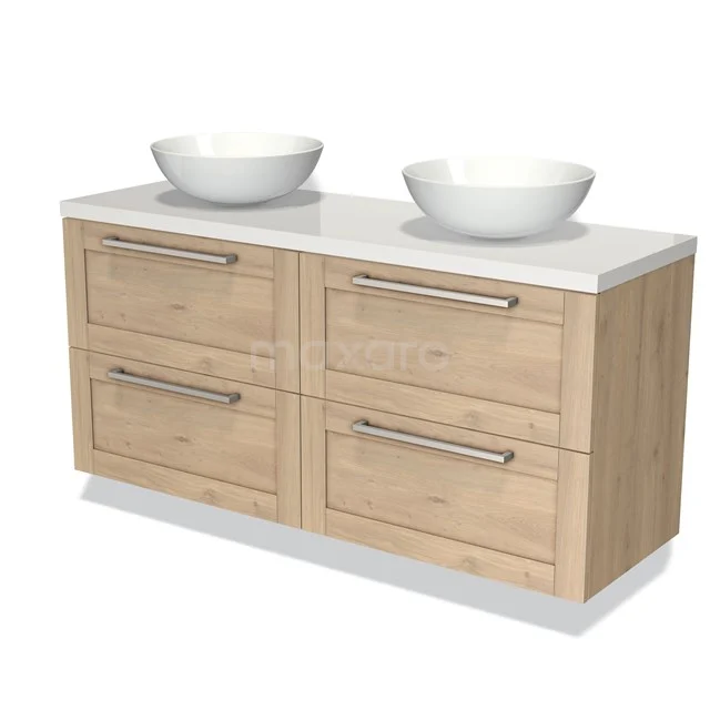 Houten badkamermeubel met dubbele wastafel, natuurkleur, vier lades en strak design, ideaal voor moderne badkamers.