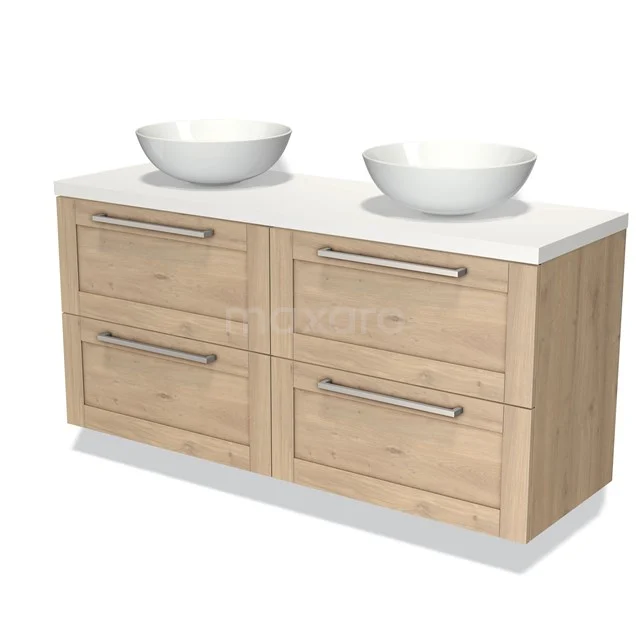 Houten badmeubel met dubbele witte waskommen, vier lades met metalen grepen, perfect voor een stijlvolle badkamer.