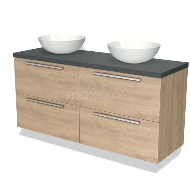 Houten badkamermeubel met dubbele wastafel, grijs blad, moderne lades en stijlvolle metalen grepen.