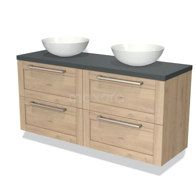 Houten badkamermeubel met dubbele wastafel, zwarte bovenplaat, 4 lades en moderne metalen handgrepen.