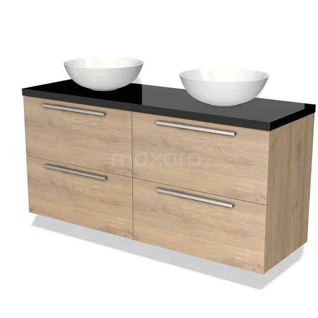 Hölzernes Badezimmermöbel mit schwarzer Glasplatte und zwei weißen Aufsatzwaschbecken, modernes Design, ideal für stilvolle Bäder.