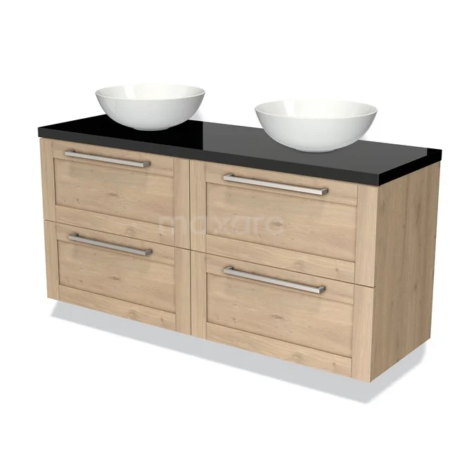 Houten badkamermeubel met dubbel waskomontwerp, zwart glazen blad en moderne zilveren handgrepen, ideaal voor stijlvolle badkamers.