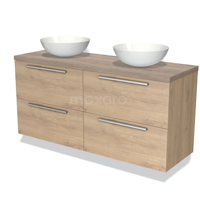 Houten badkamermeubel met dubbele wastafel, moderne lades en een lichte eiken afwerking voor een stijlvolle badkamer.