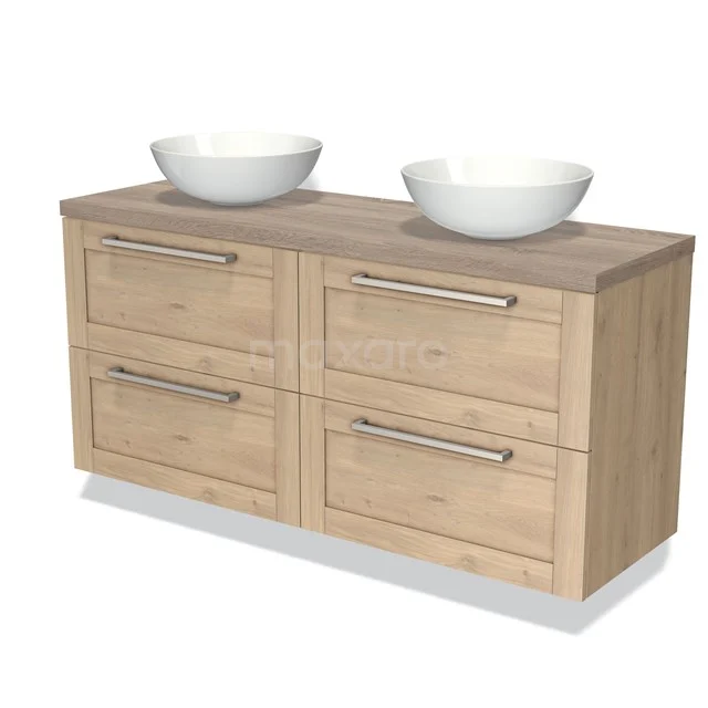 Houten badkamermeubel met dubbele witte waskom, vier lades en modern design. Perfect voor stijlvolle badkamerruimtes.