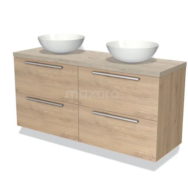 Houten badkamermeubel met dubbele wastafel, lichte houtkleur, strak design, ideaal voor een moderne badkamer inrichting.