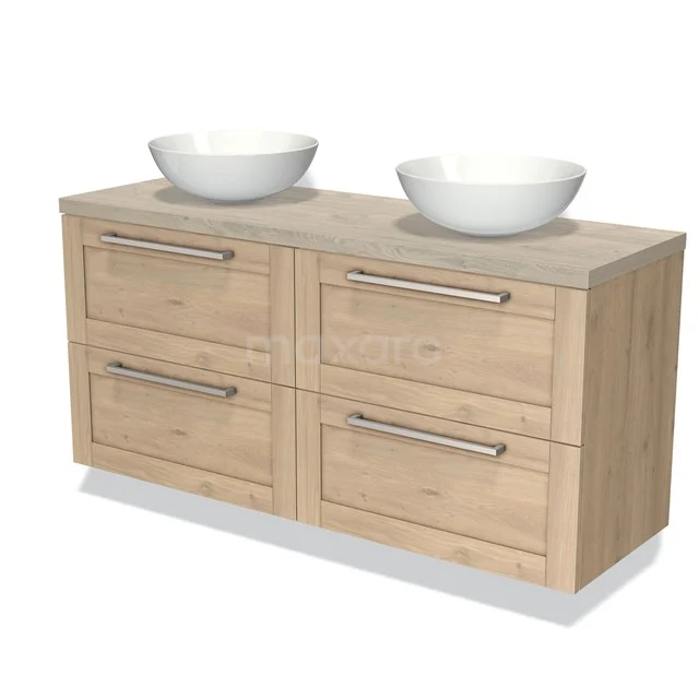 Houten badkamermeubel met dubbele wastafel, licht eiken afwerking, vier lades en moderne metalen handgrepen.