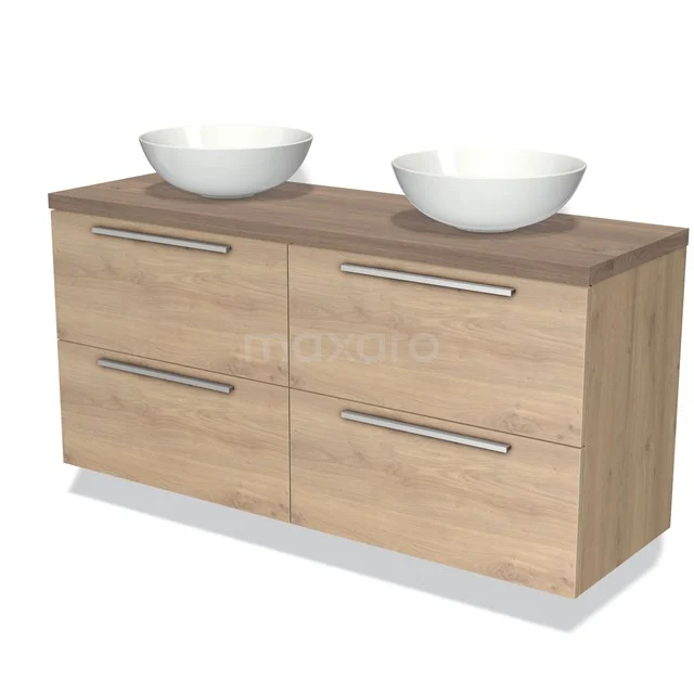 Houten badkamermeubel met dubbele wastafels, vier lades en metalen grepen; modern design, ideaal voor een stijlvolle badkamer.