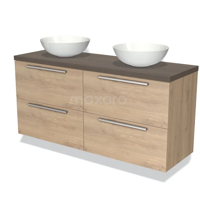 Holz Badezimmermöbel mit doppeltem Natursteine Waschbecken, modernes Design, helle Eiche Farbe, metallene Haltegriffe.