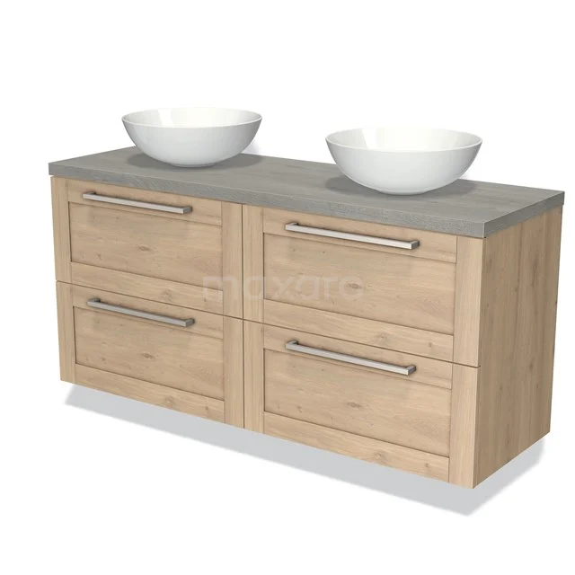 Wooden bathroom unit with double countertop wash basins, light oak design, concrete worktop and metal handles for modern bathrooms.